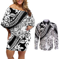Polynesia Couples Matching Off Shoulder Short Dress and Long Sleeve Button Shirts Polynesian Tropical Flowers Black Pastel Vibes - Wonder Print Shop