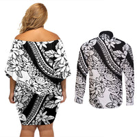 Polynesia Couples Matching Off Shoulder Short Dress and Long Sleeve Button Shirts Polynesian Tropical Flowers Black Pastel Vibes - Wonder Print Shop