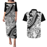 Polynesia Couples Matching Puletasi Dress and Hawaiian Shirt Polynesian Tropical Flowers Black Pastel Vibes - Wonder Print Shop