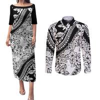 Polynesia Couples Matching Puletasi Dress and Long Sleeve Button Shirts Polynesian Tropical Flowers Black Pastel Vibes - Wonder Print Shop