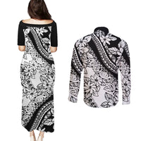 Polynesia Couples Matching Puletasi Dress and Long Sleeve Button Shirts Polynesian Tropical Flowers Black Pastel Vibes - Wonder Print Shop