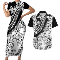 Polynesia Couples Matching Short Sleeve Bodycon Dress and Hawaiian Shirt Polynesian Tropical Flowers Black Pastel Vibes - Wonder Print Shop