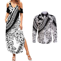 Polynesia Couples Matching Summer Maxi Dress and Long Sleeve Button Shirts Polynesian Tropical Flowers Black Pastel Vibes - Wonder Print Shop