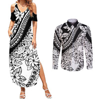 Polynesia Couples Matching Summer Maxi Dress and Long Sleeve Button Shirts Polynesian Tropical Flowers Black Pastel Vibes - Wonder Print Shop