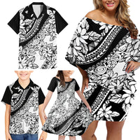 Polynesia Family Matching Off Shoulder Short Dress and Hawaiian Shirt Polynesian Tropical Flowers Black Pastel Vibes - Wonder Print Shop