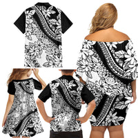 Polynesia Family Matching Off Shoulder Short Dress and Hawaiian Shirt Polynesian Tropical Flowers Black Pastel Vibes - Wonder Print Shop
