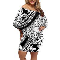 Polynesia Family Matching Off Shoulder Short Dress and Hawaiian Shirt Polynesian Tropical Flowers Black Pastel Vibes - Wonder Print Shop
