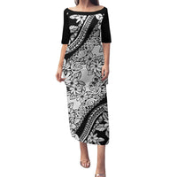 Polynesia Family Matching Puletasi Dress and Hawaiian Shirt Polynesian Tropical Flowers Black Pastel Vibes - Wonder Print Shop