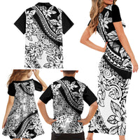 Polynesia Family Matching Short Sleeve Bodycon Dress and Hawaiian Shirt Polynesian Tropical Flowers Black Pastel Vibes - Wonder Print Shop