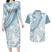 Polynesia Couples Matching Long Sleeve Bodycon Dress and Hawaiian Shirt Polynesian Tropical Flowers Blue Pastel Vibes - Wonder Print Shop