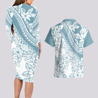 Polynesia Couples Matching Long Sleeve Bodycon Dress and Hawaiian Shirt Polynesian Tropical Flowers Blue Pastel Vibes - Wonder Print Shop