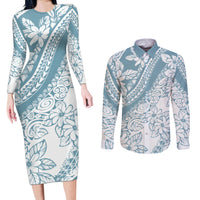 Polynesia Couples Matching Long Sleeve Bodycon Dress and Long Sleeve Button Shirts Polynesian Tropical Flowers Blue Pastel Vibes - Wonder Print Shop