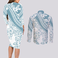 Polynesia Couples Matching Long Sleeve Bodycon Dress and Long Sleeve Button Shirts Polynesian Tropical Flowers Blue Pastel Vibes - Wonder Print Shop