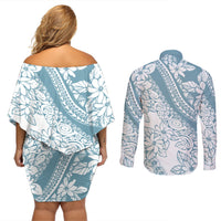 Polynesia Couples Matching Off Shoulder Short Dress and Long Sleeve Button Shirts Polynesian Tropical Flowers Blue Pastel Vibes - Wonder Print Shop