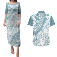 Polynesia Couples Matching Puletasi Dress and Hawaiian Shirt Polynesian Tropical Flowers Blue Pastel Vibes - Wonder Print Shop
