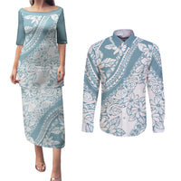 Polynesia Couples Matching Puletasi Dress and Long Sleeve Button Shirts Polynesian Tropical Flowers Blue Pastel Vibes - Wonder Print Shop