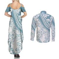 Polynesia Couples Matching Summer Maxi Dress and Long Sleeve Button Shirts Polynesian Tropical Flowers Blue Pastel Vibes - Wonder Print Shop