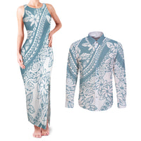 Polynesia Couples Matching Tank Maxi Dress and Long Sleeve Button Shirts Polynesian Tropical Flowers Blue Pastel Vibes - Wonder Print Shop