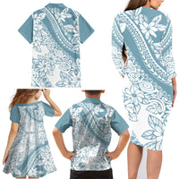 Polynesia Family Matching Long Sleeve Bodycon Dress and Hawaiian Shirt Polynesian Tropical Flowers Blue Pastel Vibes - Wonder Print Shop