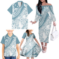 Polynesia Family Matching Off Shoulder Long Sleeve Dress and Hawaiian Shirt Polynesian Tropical Flowers Blue Pastel Vibes - Wonder Print Shop