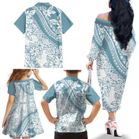 Polynesia Family Matching Off Shoulder Long Sleeve Dress and Hawaiian Shirt Polynesian Tropical Flowers Blue Pastel Vibes - Wonder Print Shop