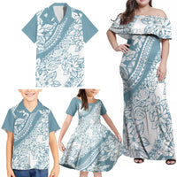 Polynesia Family Matching Off Shoulder Maxi Dress and Hawaiian Shirt Polynesian Tropical Flowers Blue Pastel Vibes - Wonder Print Shop