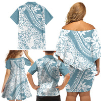 Polynesia Family Matching Off Shoulder Short Dress and Hawaiian Shirt Polynesian Tropical Flowers Blue Pastel Vibes - Wonder Print Shop