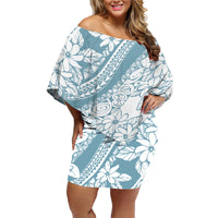 Polynesia Family Matching Off Shoulder Short Dress and Hawaiian Shirt Polynesian Tropical Flowers Blue Pastel Vibes - Wonder Print Shop