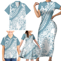 Polynesia Family Matching Short Sleeve Bodycon Dress and Hawaiian Shirt Polynesian Tropical Flowers Blue Pastel Vibes - Wonder Print Shop