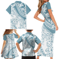 Polynesia Family Matching Short Sleeve Bodycon Dress and Hawaiian Shirt Polynesian Tropical Flowers Blue Pastel Vibes - Wonder Print Shop