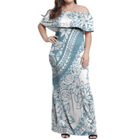 Polynesia Off Shoulder Maxi Dress Polynesian Tropical Flowers Blue Pastel Vibes - Wonder Print Shop