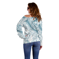 Polynesia Off Shoulder Sweater Polynesian Tropical Flowers Blue Pastel Vibes - Wonder Print Shop