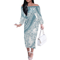 Polynesia Off The Shoulder Long Sleeve Dress Polynesian Tropical Flowers Blue Pastel Vibes - Wonder Print Shop