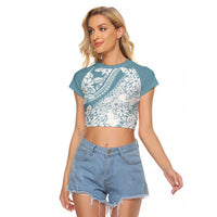 Polynesia Raglan Cropped T Shirt Polynesian Tropical Flowers Blue Pastel Vibes - Wonder Print Shop