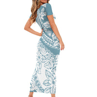 Polynesia Short Sleeve Bodycon Dress Polynesian Tropical Flowers Blue Pastel Vibes - Wonder Print Shop