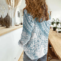 Polynesia Women Casual Shirt Polynesian Tropical Flowers Blue Pastel Vibes - Wonder Print Shop
