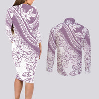 Polynesia Couples Matching Long Sleeve Bodycon Dress and Long Sleeve Button Shirts Polynesian Tropical Flowers Purple Pastel Vibes - Wonder Print Shop
