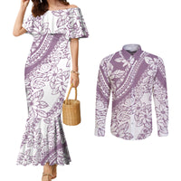 polynesia-couples-matching-mermaid-dress-and-long-sleeve-button-shirts-polynesian-tropical-flowers-purple-pastel-vibes