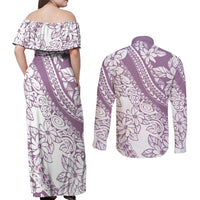 Polynesia Couples Matching Off Shoulder Maxi Dress and Long Sleeve Button Shirts Polynesian Tropical Flowers Purple Pastel Vibes - Wonder Print Shop