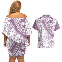 Polynesia Couples Matching Off Shoulder Short Dress and Hawaiian Shirt Polynesian Tropical Flowers Purple Pastel Vibes - Wonder Print Shop