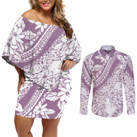 Polynesia Couples Matching Off Shoulder Short Dress and Long Sleeve Button Shirts Polynesian Tropical Flowers Purple Pastel Vibes - Wonder Print Shop