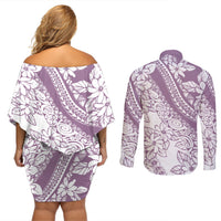 Polynesia Couples Matching Off Shoulder Short Dress and Long Sleeve Button Shirts Polynesian Tropical Flowers Purple Pastel Vibes - Wonder Print Shop