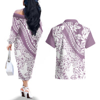 Polynesia Couples Matching Off The Shoulder Long Sleeve Dress and Hawaiian Shirt Polynesian Tropical Flowers Purple Pastel Vibes - Wonder Print Shop