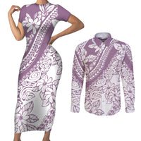 Polynesia Couples Matching Short Sleeve Bodycon Dress and Long Sleeve Button Shirts Polynesian Tropical Flowers Purple Pastel Vibes - Wonder Print Shop