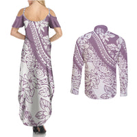 Polynesia Couples Matching Summer Maxi Dress and Long Sleeve Button Shirts Polynesian Tropical Flowers Purple Pastel Vibes - Wonder Print Shop