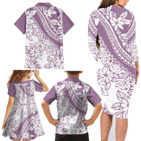 Polynesia Family Matching Long Sleeve Bodycon Dress and Hawaiian Shirt Polynesian Tropical Flowers Purple Pastel Vibes - Wonder Print Shop