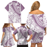 Polynesia Family Matching Off Shoulder Short Dress and Hawaiian Shirt Polynesian Tropical Flowers Purple Pastel Vibes - Wonder Print Shop