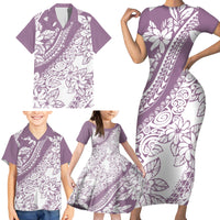 Polynesia Family Matching Short Sleeve Bodycon Dress and Hawaiian Shirt Polynesian Tropical Flowers Purple Pastel Vibes - Wonder Print Shop