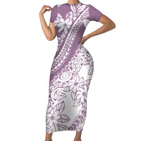 Polynesia Short Sleeve Bodycon Dress Polynesian Tropical Flowers Purple Pastel Vibes - Wonder Print Shop