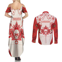 Christmas Canada Hockey Couples Matching Summer Maxi Dress and Long Sleeve Button Shirt Merry Hockey-Mas Maple Leaves Pattern - Wonder Print Shop